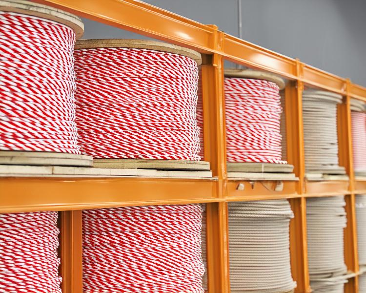 Cordes rouges et blanches bien rangées sur des étagères d'entrepôt, polyvalentes pour des tâches industrielles et de construction.