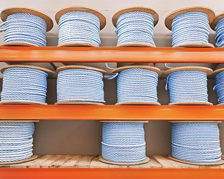 Câbles en acier bleus enroulés sur des bobines dans un entrepôt, parfaits pour le levage lourd et les applications industrielles.